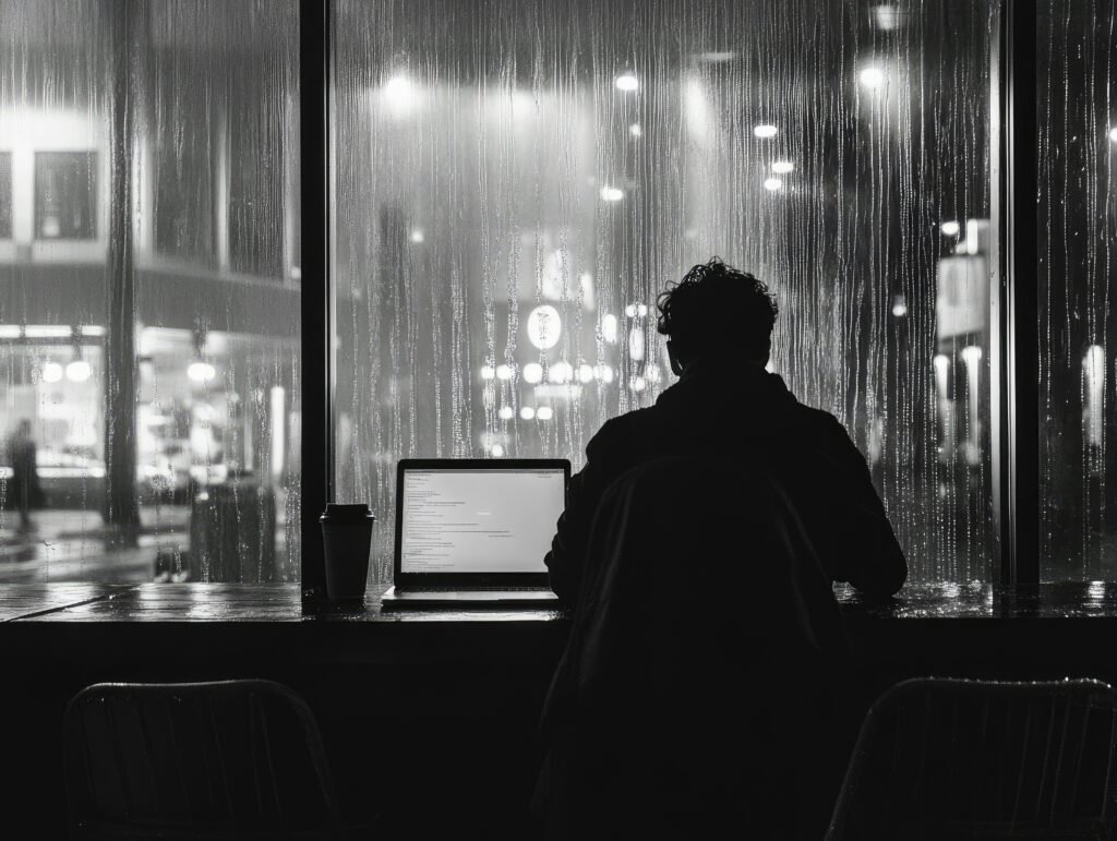 Silhouetted person working on a laptop beside a rain-streaked window at night.